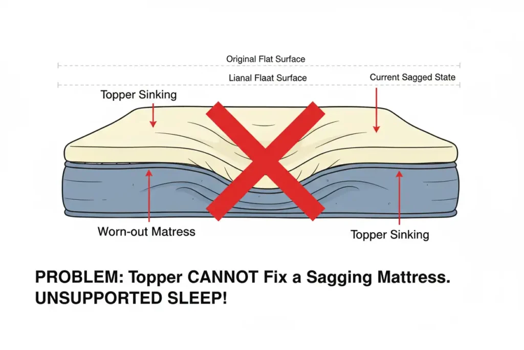 Gevolgen van kuilvorming op een matras, niet te herstellen met een topper.