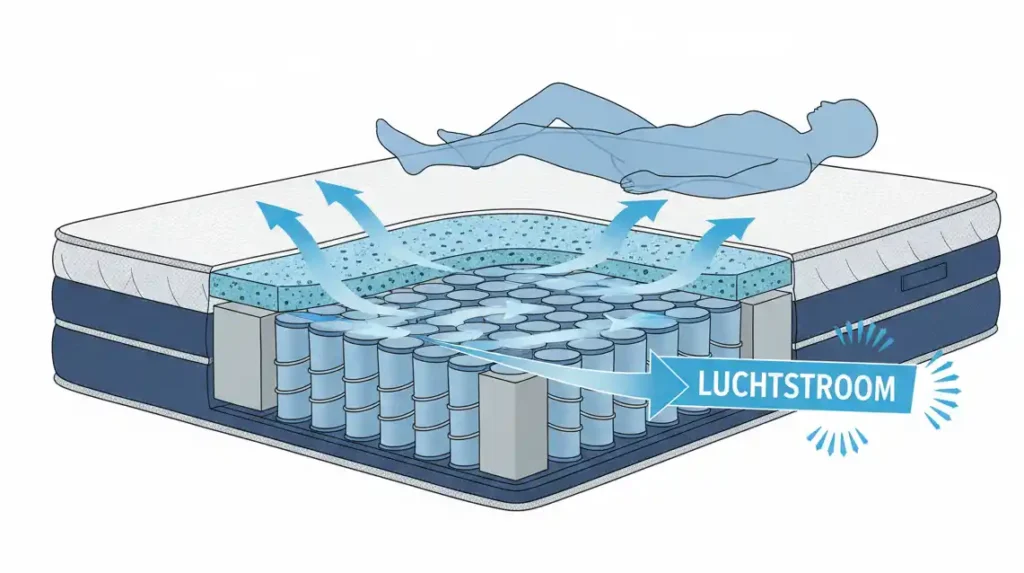 Matras warme slapers: illustratie van koeling en ventilatie in een matras